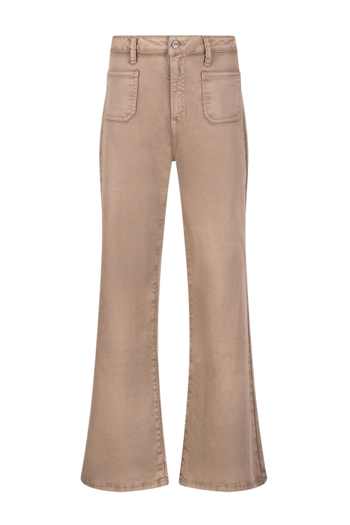 Taupe Nukus Jeans Patty met rechte snit en details, zichtbaar in de afbeelding.