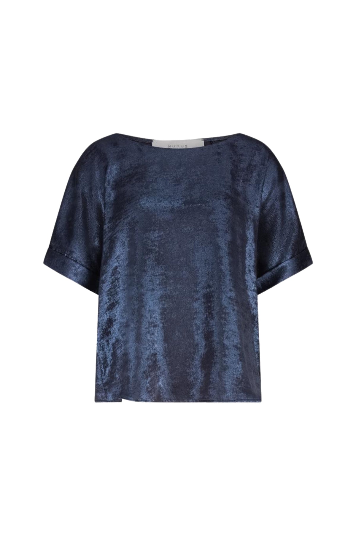Navy blauw top Irene van Nukus met ronde hals en korte mouwen, stijlvolle damesmode.