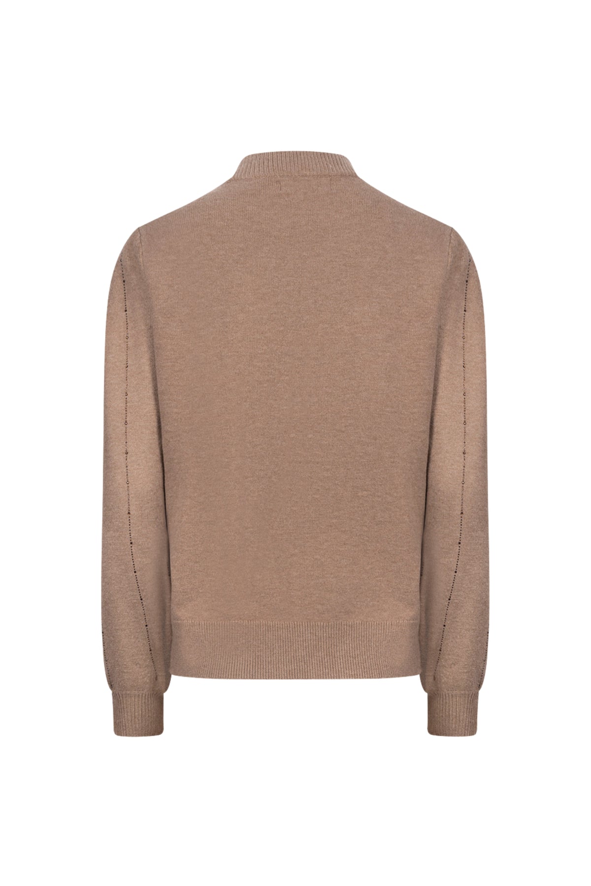 Taupe Nukus Molly Strass trui met glanzende details, zachte stof en casual pasvorm, zichtbaar in de afbeelding.