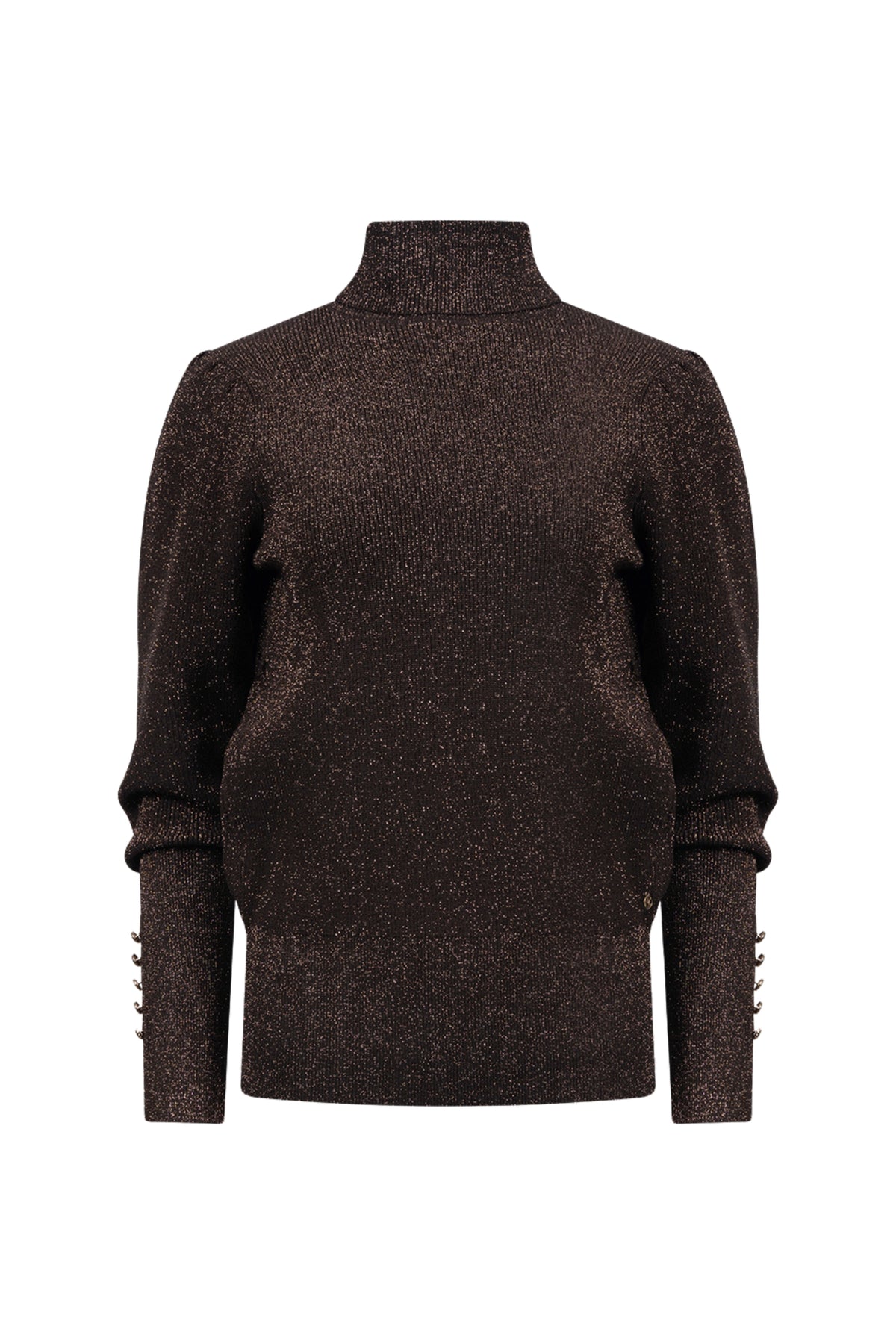 Luxe bruine lurex trui Sylvia van Nukus met glanzende details, comfortabele pasvorm en stijlvolle uitstraling.