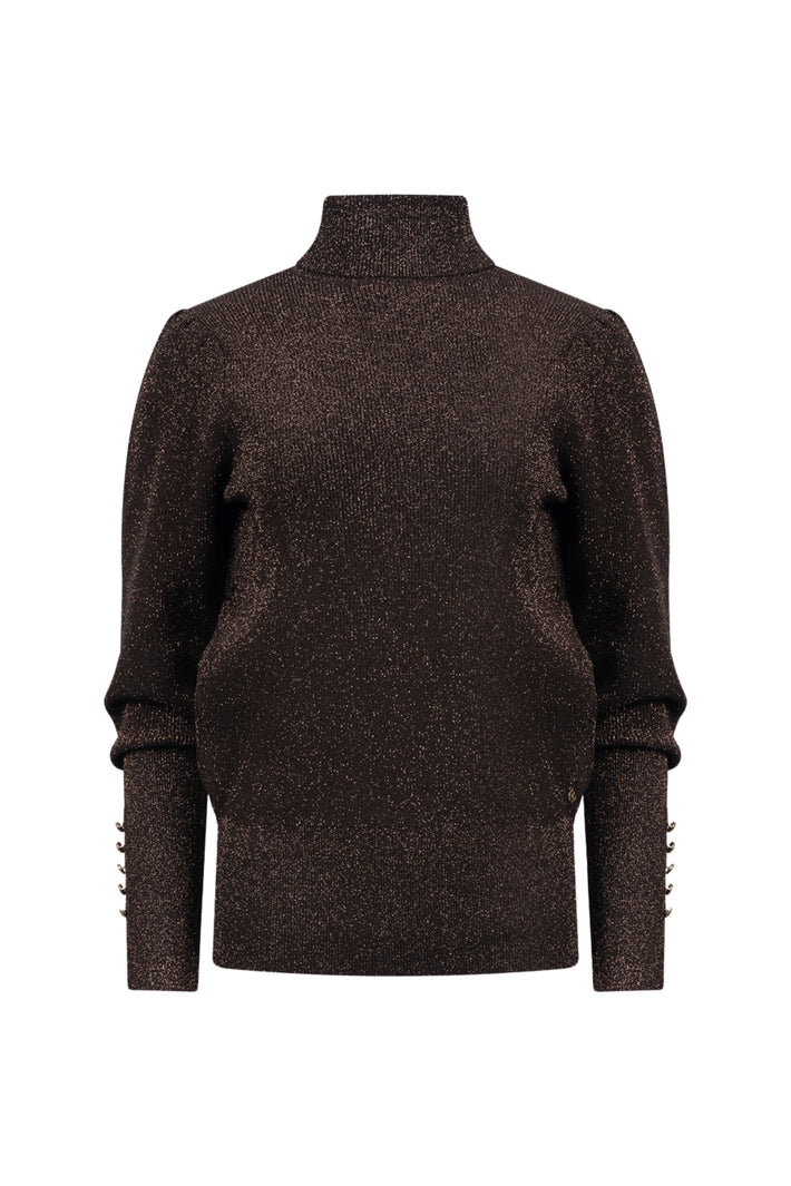 Luxe bruine lurex trui Sylvia van Nukus met glanzende details, comfortabele pasvorm en stijlvolle uitstraling.
