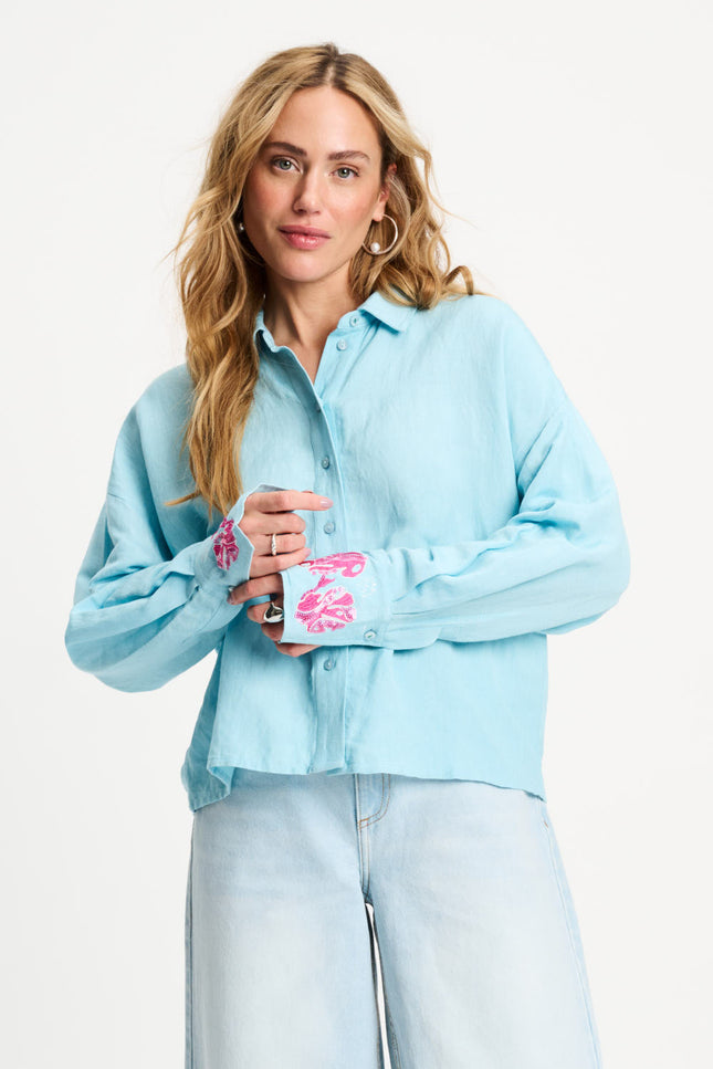 POM Amsterdam Blouse Blue Sequins Urban Flora Blue SP9499 Stretchshop.nl