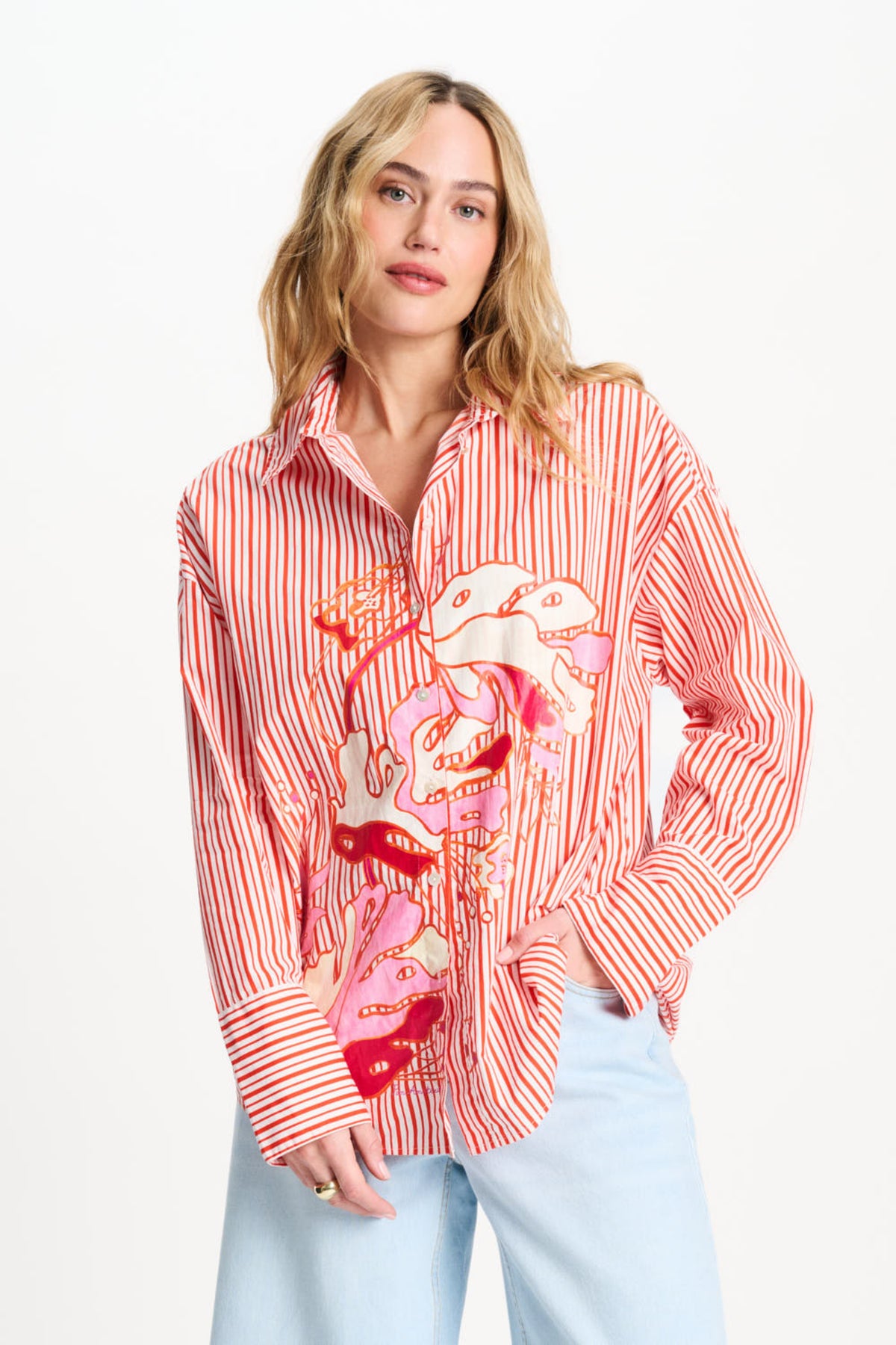 Oranje gestreepte blouse van POM Amsterdam, gemaakt van poplin materiaal, met een comfortabele pasvorm en stijlvolle uitstraling.