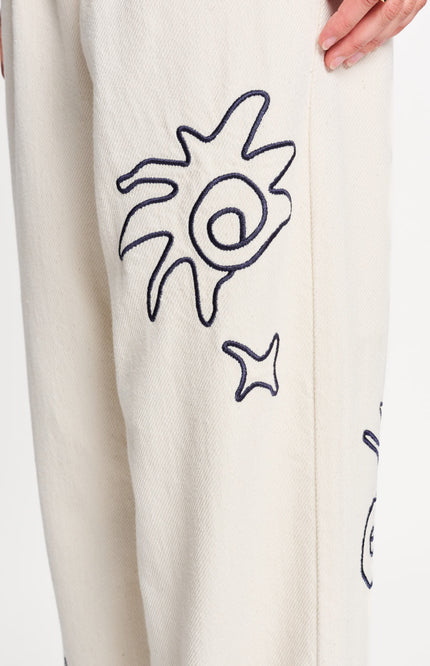 POM Amsterdam Jeans White Embroidery Beige SP9567 Stretchshop.nl