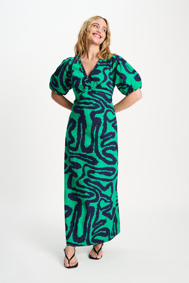 POM Amsterdam Jurk Poplin Waves Green Multi Colour SP9552 Stretchshop.nl