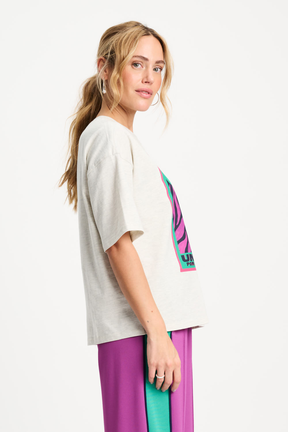 Grijze POM Amsterdam T-shirt met dierenprint, casual top voor dames, zichtbaar met ronde hals en zacht materiaal.