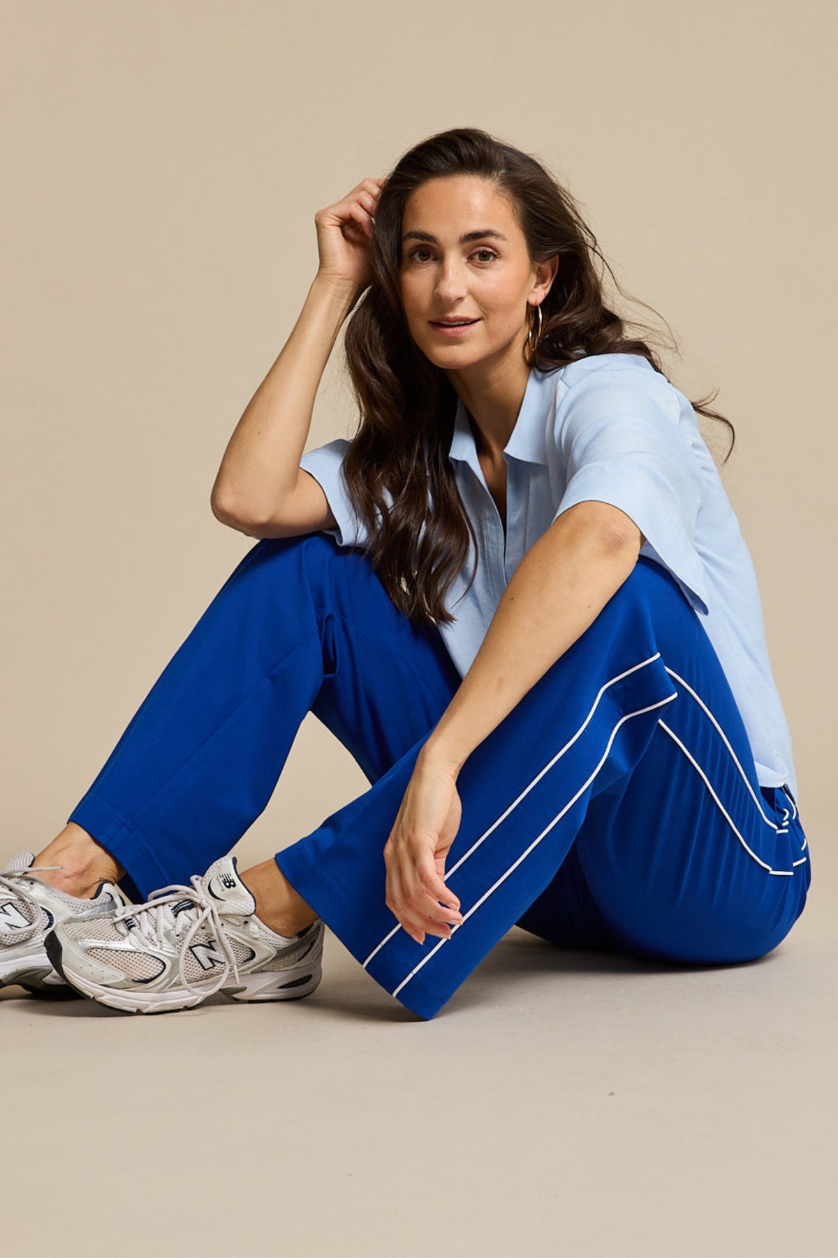 Blauwe Colette Punta Piping broek van Red Button, katoenen stof, met sierstiksels en verstelbare tailleband.