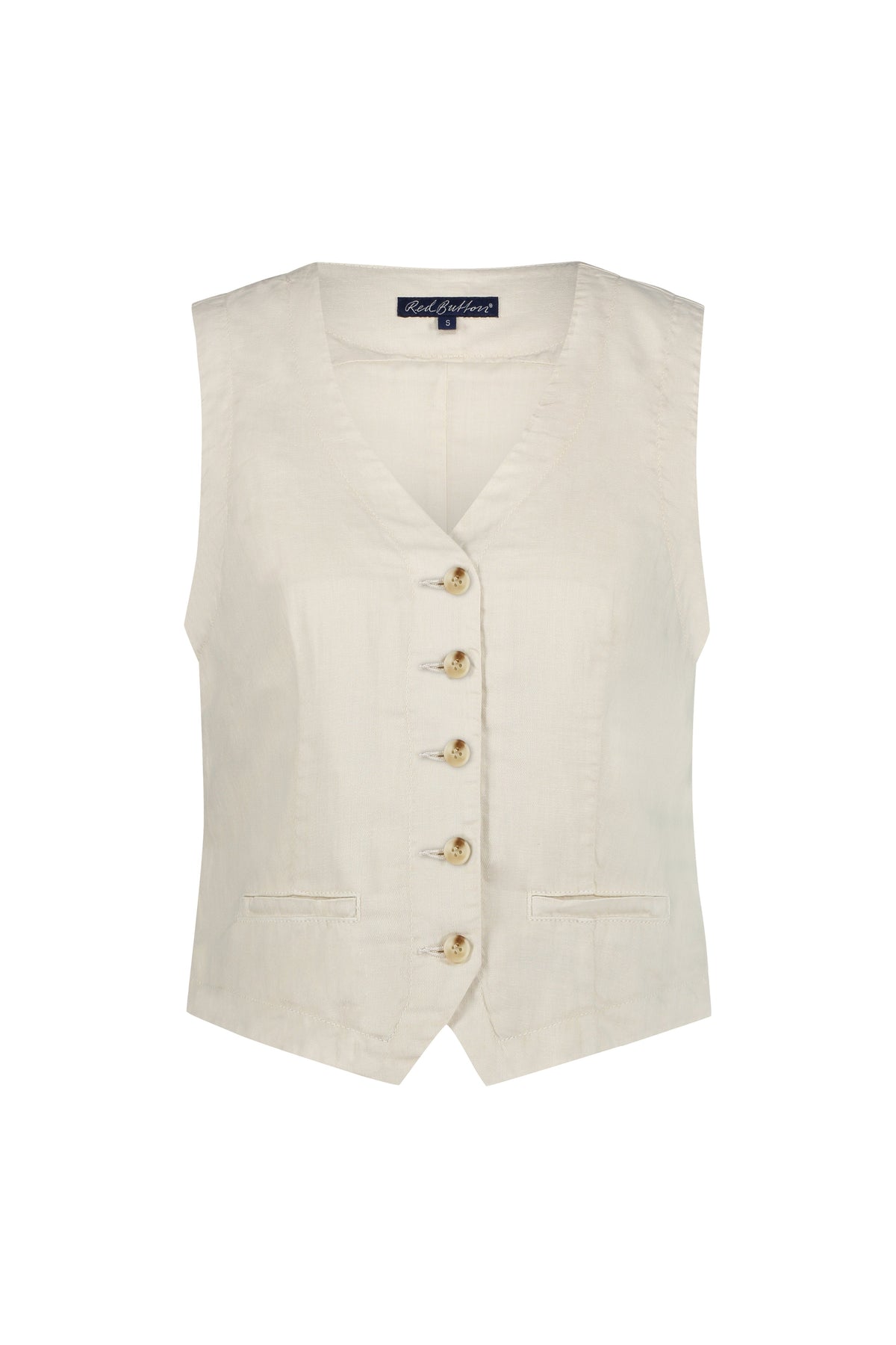Lichtroze katoenen linnen gilet van Red Button met parels, zicht vanaf de voorkant, geschikt voor casual en elegante looks.