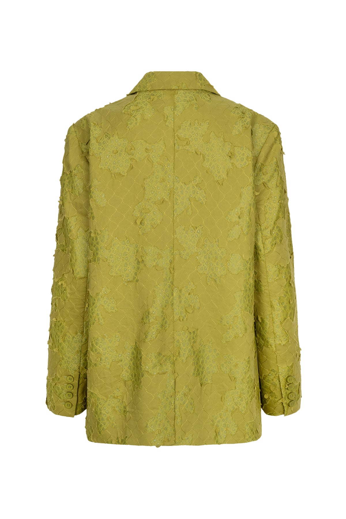 Groene blazer van Studio Amaya, model Mio, hangend aan een kleerhanger met een nette, stijlvolle uitstraling.
