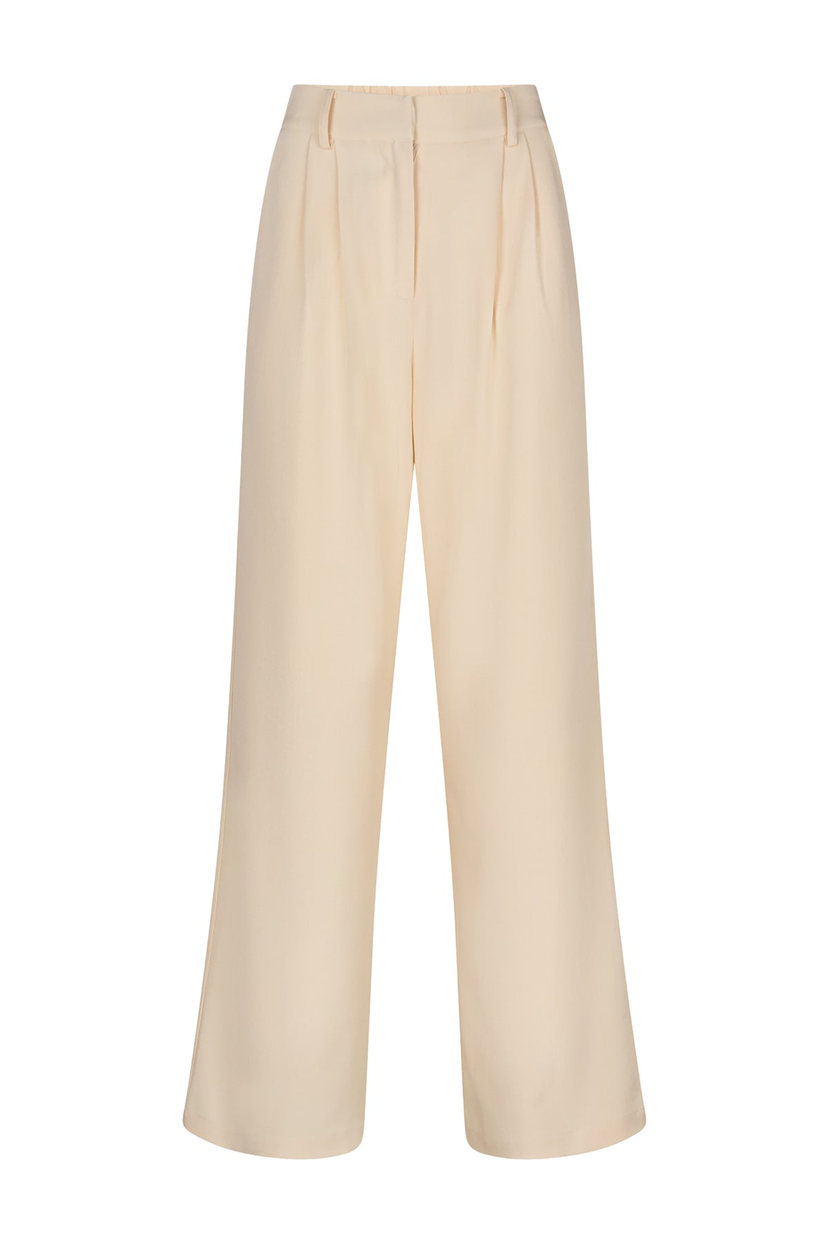 Lichte beige Jackie broek van Studio Amaya met elastische tailleband en rechte pasvorm, gedragen door een model.