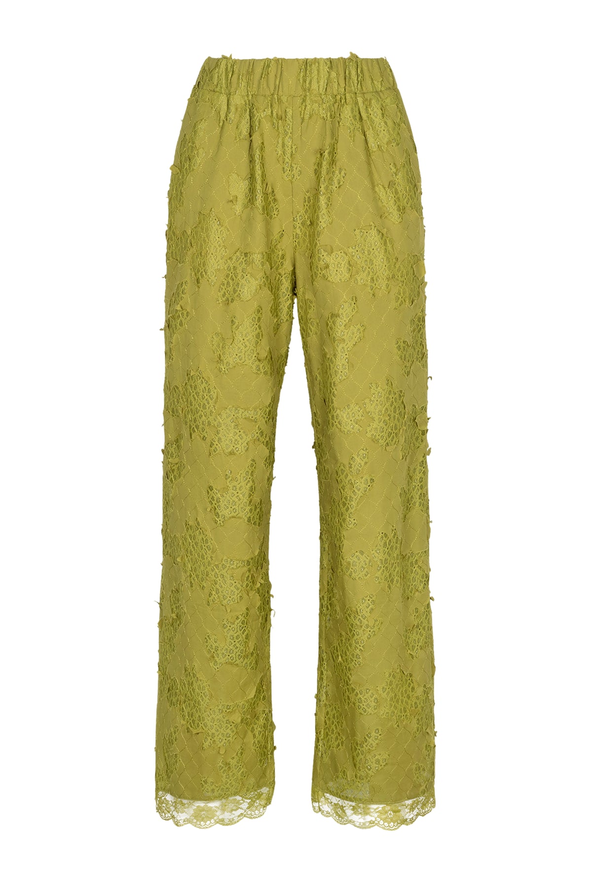 Groene Studio Amaya Rue broek met rechte pasvorm en elastische taille, gedragen door een model op de foto.