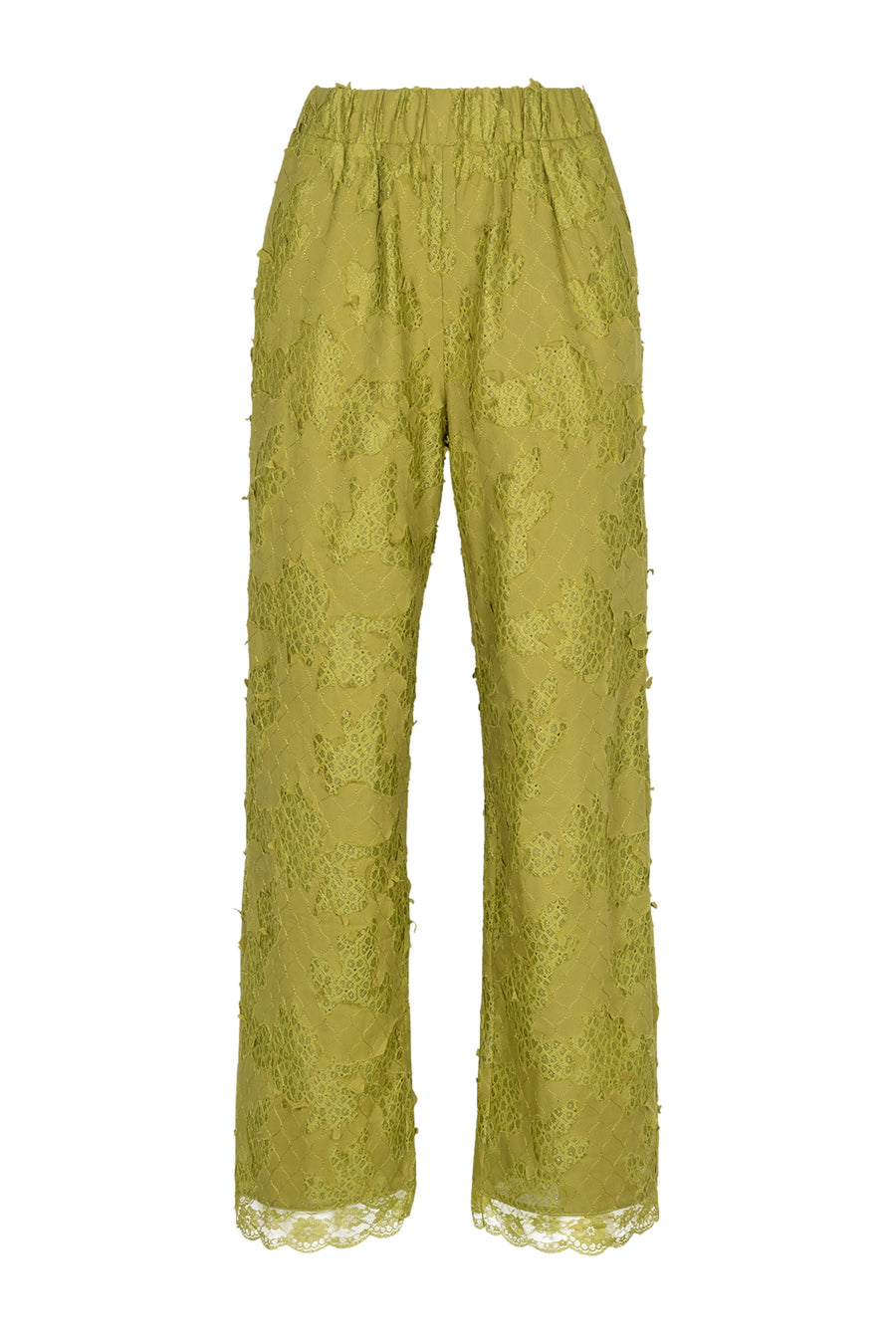 Groene Studio Amaya Rue broek met rechte pasvorm en elastische taille, gedragen door een model op de foto.