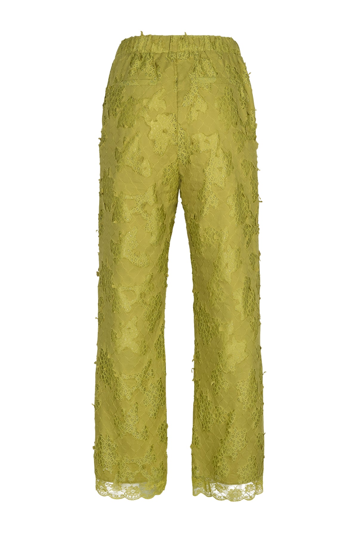 Groene Rue broek van Studio Amaya, casual damesbroek met rechte snit en elastische taille, gedragen door een model.