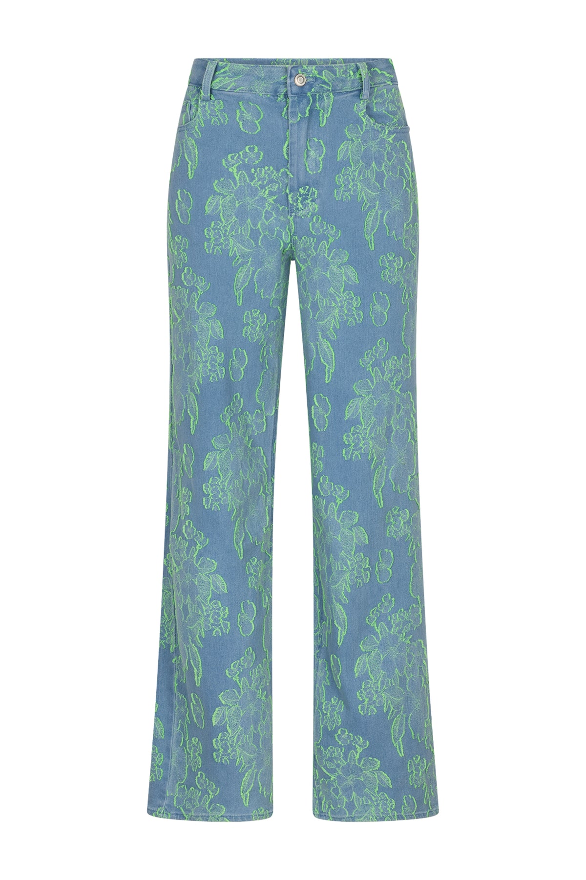 Groene jeans Anna Lime van Studio Amaya, casual pasvorm en stijlvolle denim, zichtbaar op de afbeelding.
