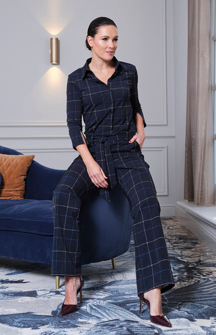 Heavy Travel Jumpsuit Herringbone Print Dark Blue Petrol 202154A