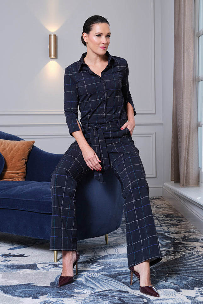 Heavy Travel Jumpsuit Herringbone Print Dark Blue Petrol 202154A