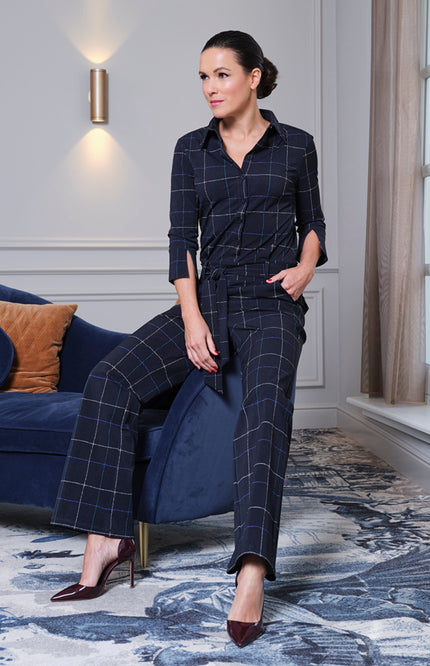 Heavy Travel Jumpsuit Herringbone Print Dark Blue Petrol 202154A