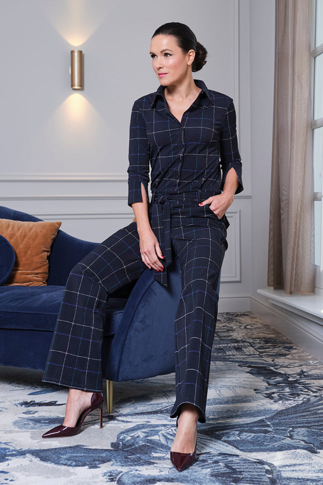 Heavy Travel Jumpsuit Herringbone Print Dark Blue Petrol 202154A