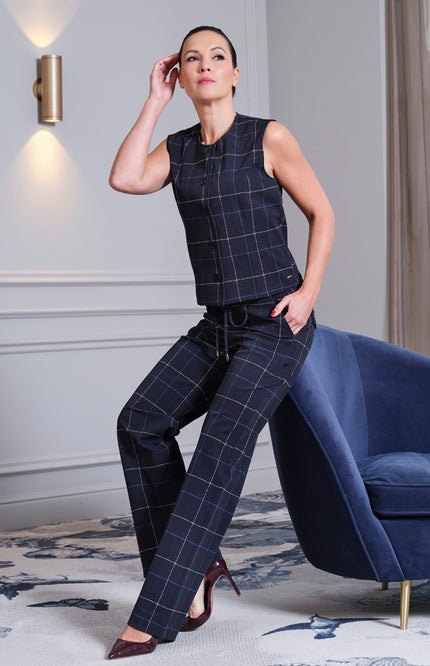 Heavy Travel Broek Flared Herringbone Print Dark Blue Petrol 202136