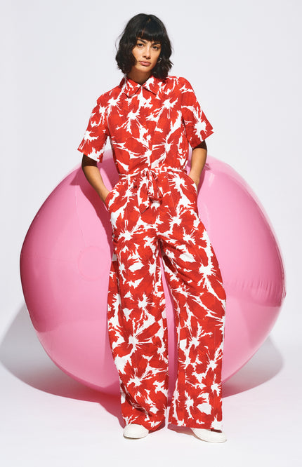 POM Amsterdam Jumpsuit Bubble Bloom Red Linen SP9591 Stretchshop.nl