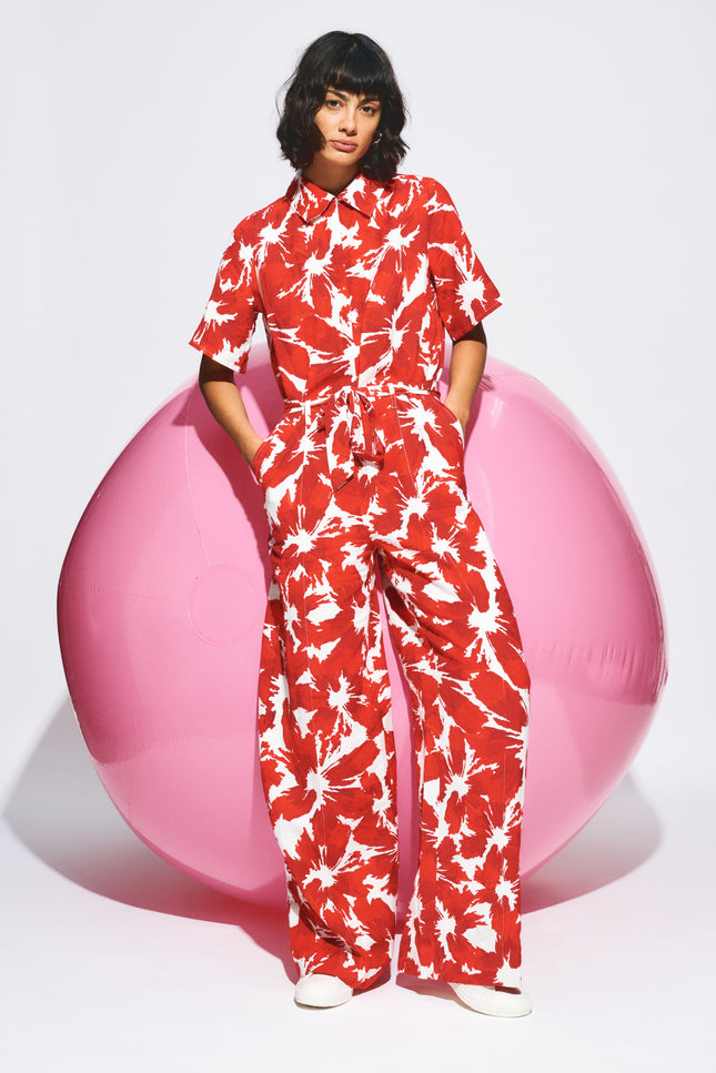 POM Amsterdam Jumpsuit Bubble Bloom Red Linen SP9591 Stretchshop.nl