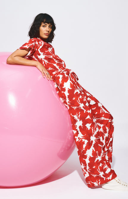 POM Amsterdam Jumpsuit Bubble Bloom Red Linen SP9591 Stretchshop.nl