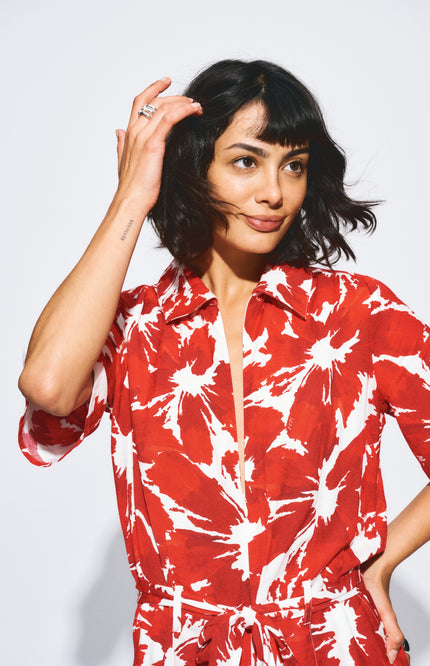 POM Amsterdam Jumpsuit Bubble Bloom Red Linen SP9591 Stretchshop.nl