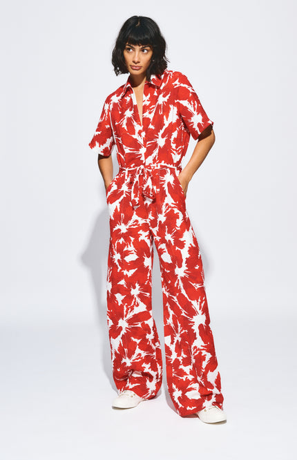 POM Amsterdam Jumpsuit Bubble Bloom Red Linen SP9591 Stretchshop.nl