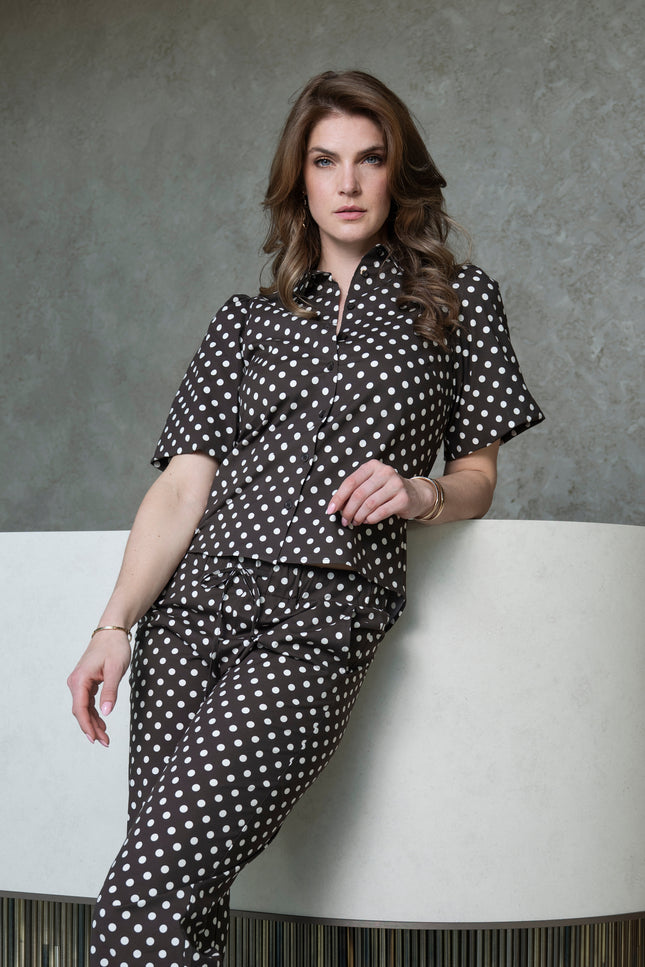 Elvira Casuals Blouse Jade Brown Dot Stretchshop.nl