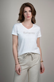 Elvira Casuals Harmony Offwhite zilveren T-shirt, studiofoto, close-up van het katoen en de zilveren details.