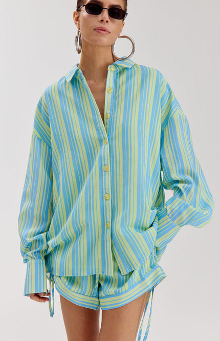 Harper & Yve Blouse Yelena Blue Yellow Stripe HS6P608 Stretchshop.nl