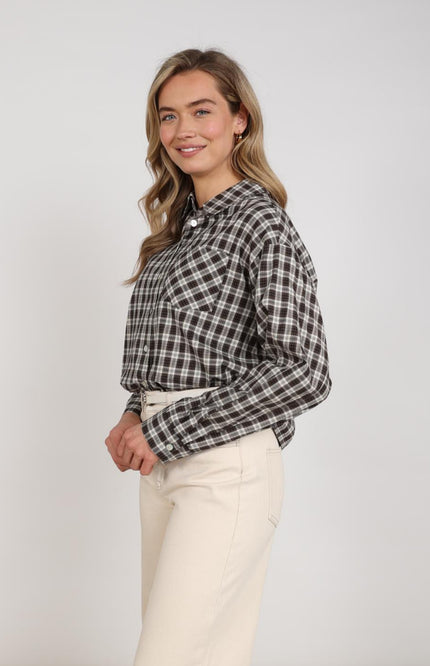 Nukus Blouse Macy Check Offwhite Chocolate NKF02261 Stretchshop.nl