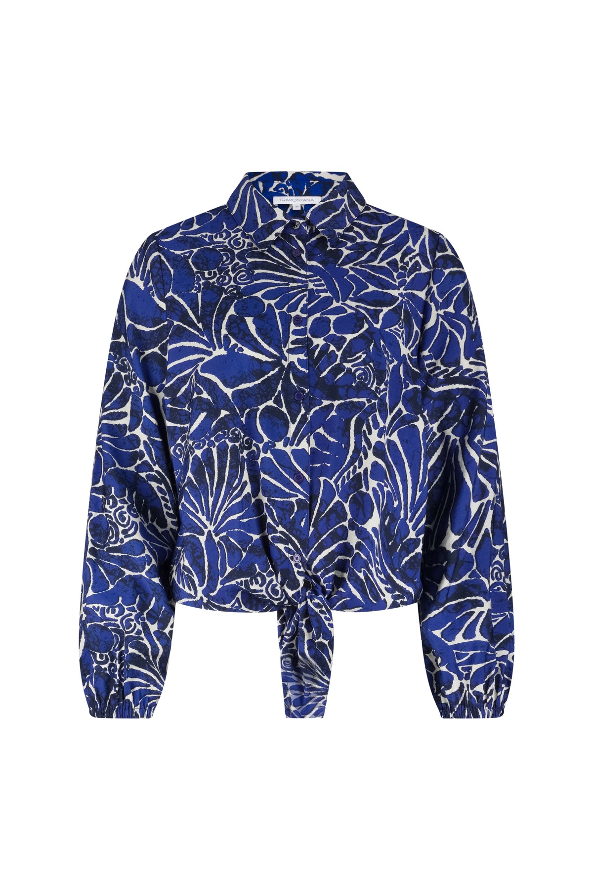 Tramontana blouse met ink bloom print, elegante damesblouse met bloemenpatroon en lange mouwen, close-up van de stof en print
