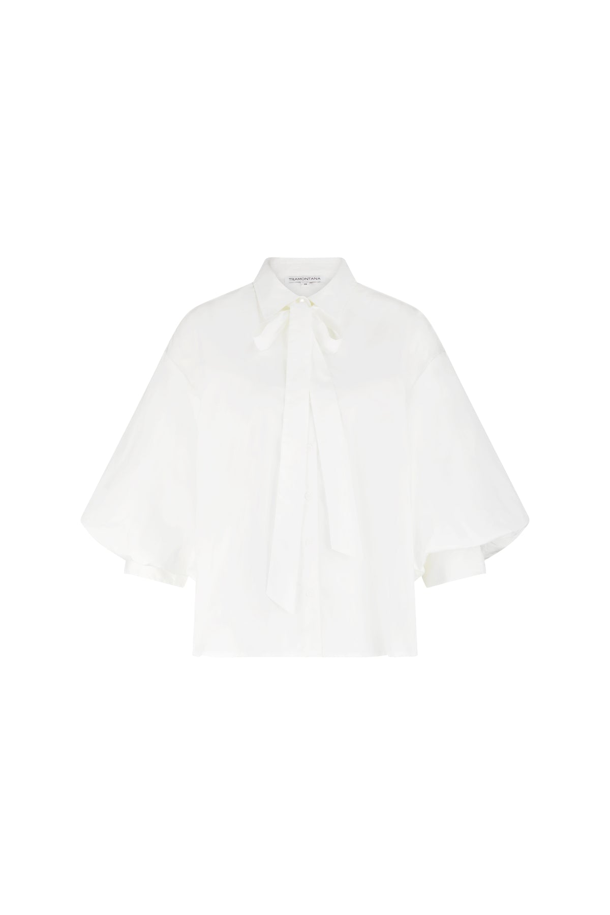 Offwhite Tramontana blouse met strikdetail en korte mouwen, gemaakt van lichte poplinstof, elegant en casual passend bij diverse outfits.