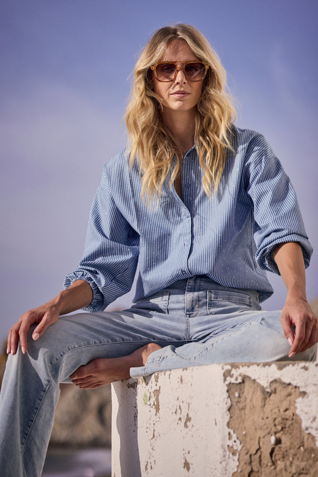 Tramontana Blouse Striped Rhinestones Mid Blue C02-19-301 1 Stretchshop.nl