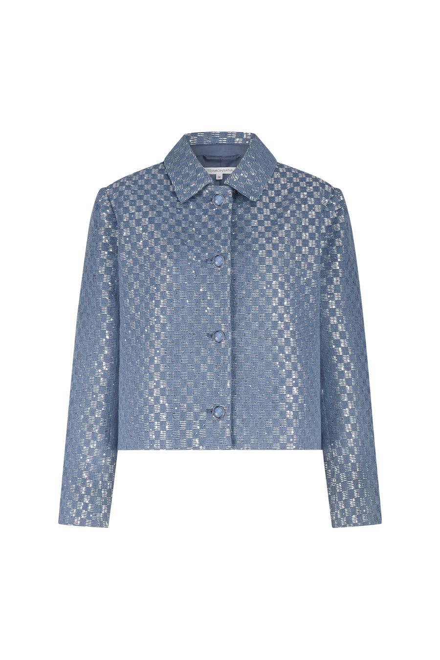 Tramontana geruite tweed jas in medium blauw, stijlvolle winterjas met klassieke details, close-up van de textuur en knopen.