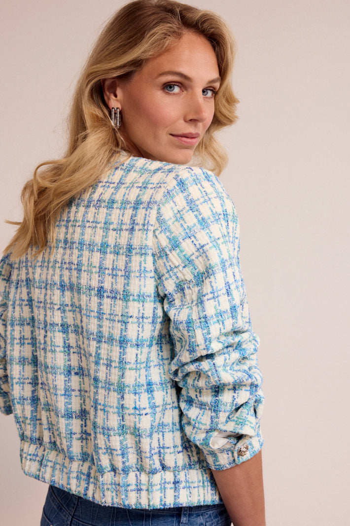 Tramontana damesjack met ronde hals, blauwe melange tweed stof, stijlvolle winterjas, close-up van de textuur en pasvorm