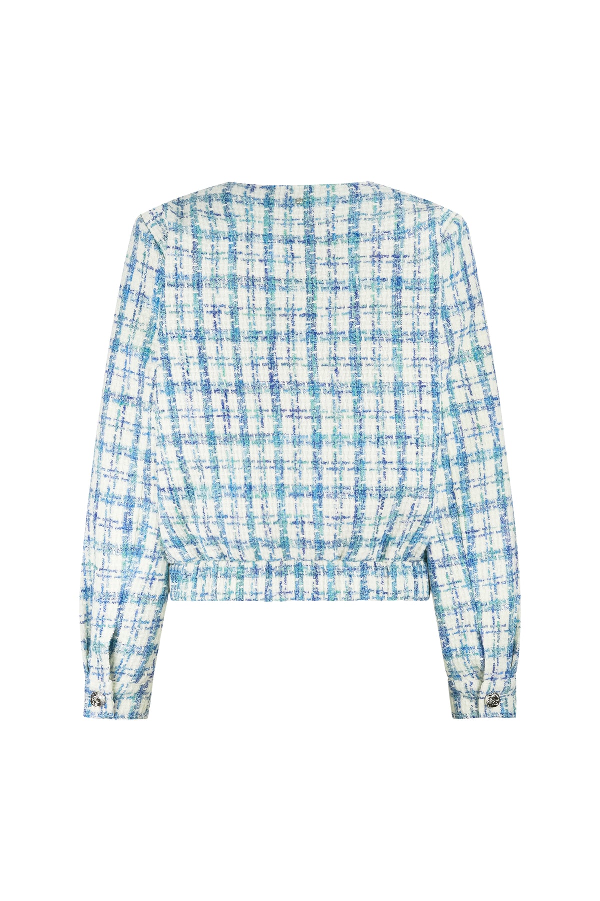 Tramontana jas met ronde hals, blauwe melange tweed, stijlvolle damesjas, modieuze winterjas met textuur