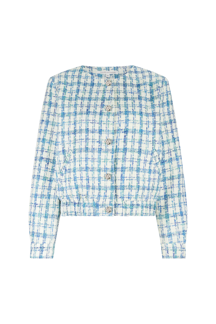 Blauwe ronde hals tweed jas van Tramontana met melange patroon, stijlvolle en warme damesjas.