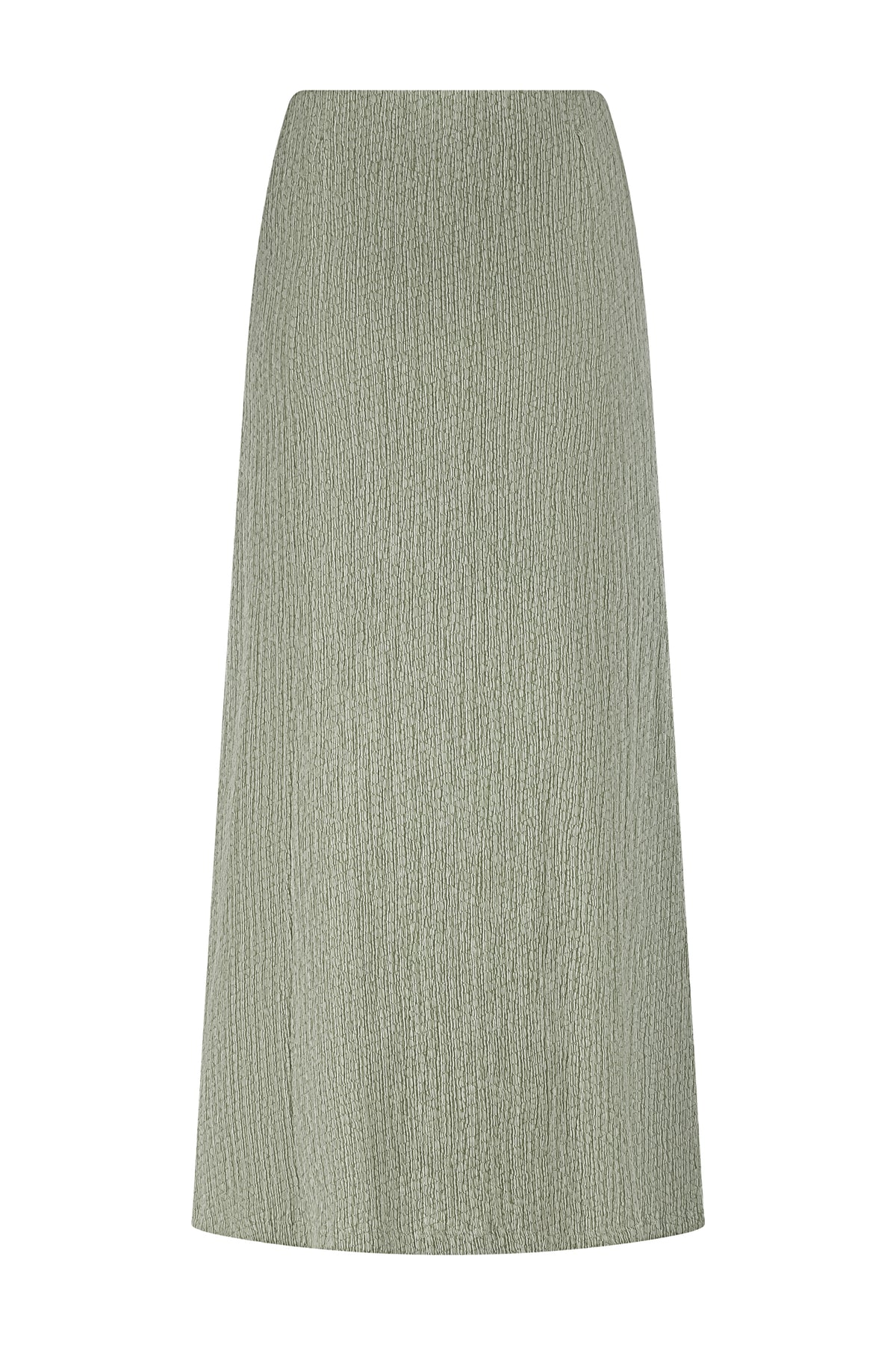 Maxi rok Tramontana Crinkled Aloe Melange met zachte, gerimpelde stof en elegante pasvorm in natuurlijke uitstraling.