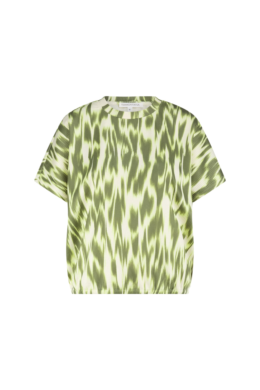 Groene fade print top van Tramontana met aloe motief, stijlvolle en comfortabele dameskleding, close-up van het ontwerp