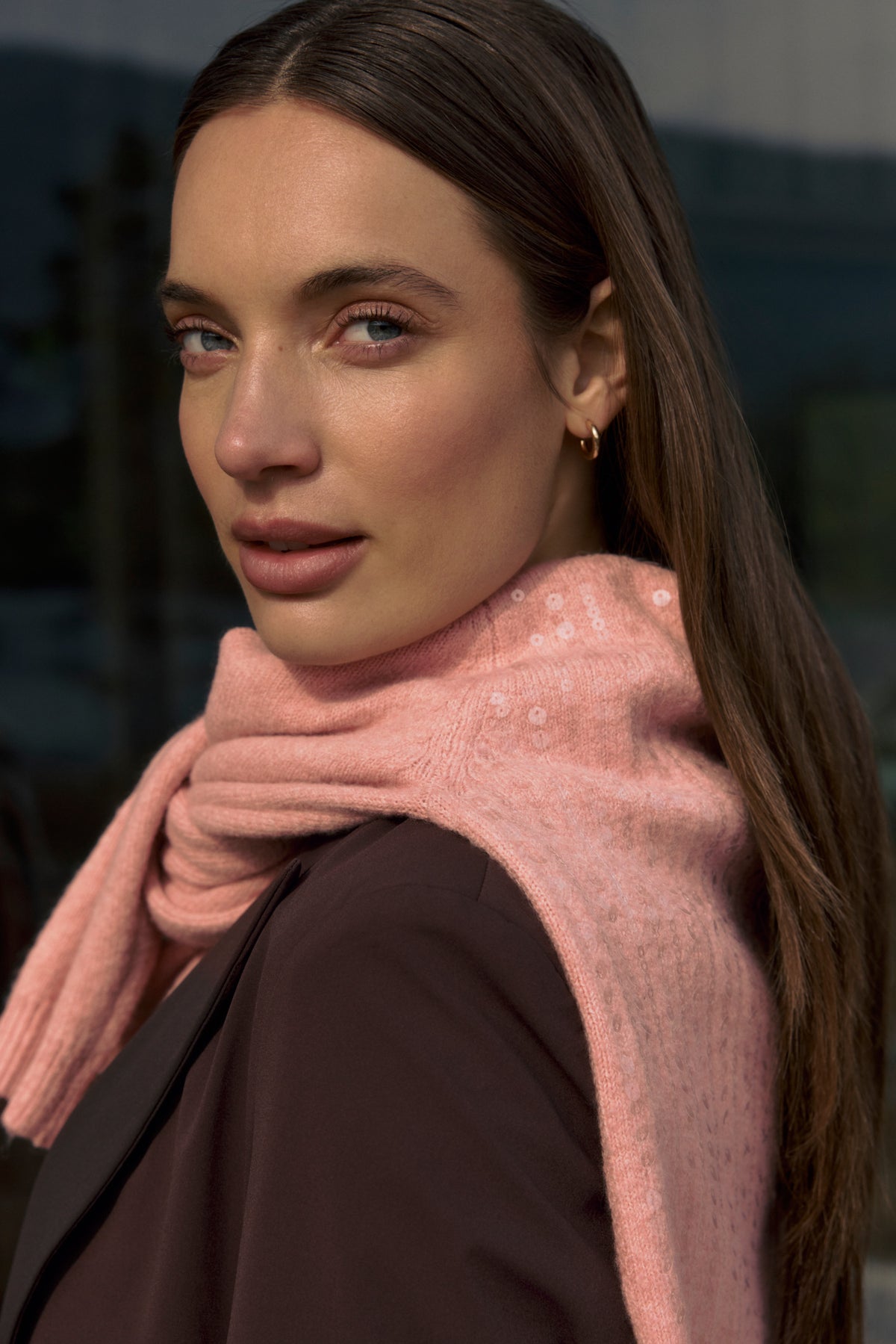 Donkere bruine travel blazer van Lady Day, Lorna-model, getoond op model op de foto.