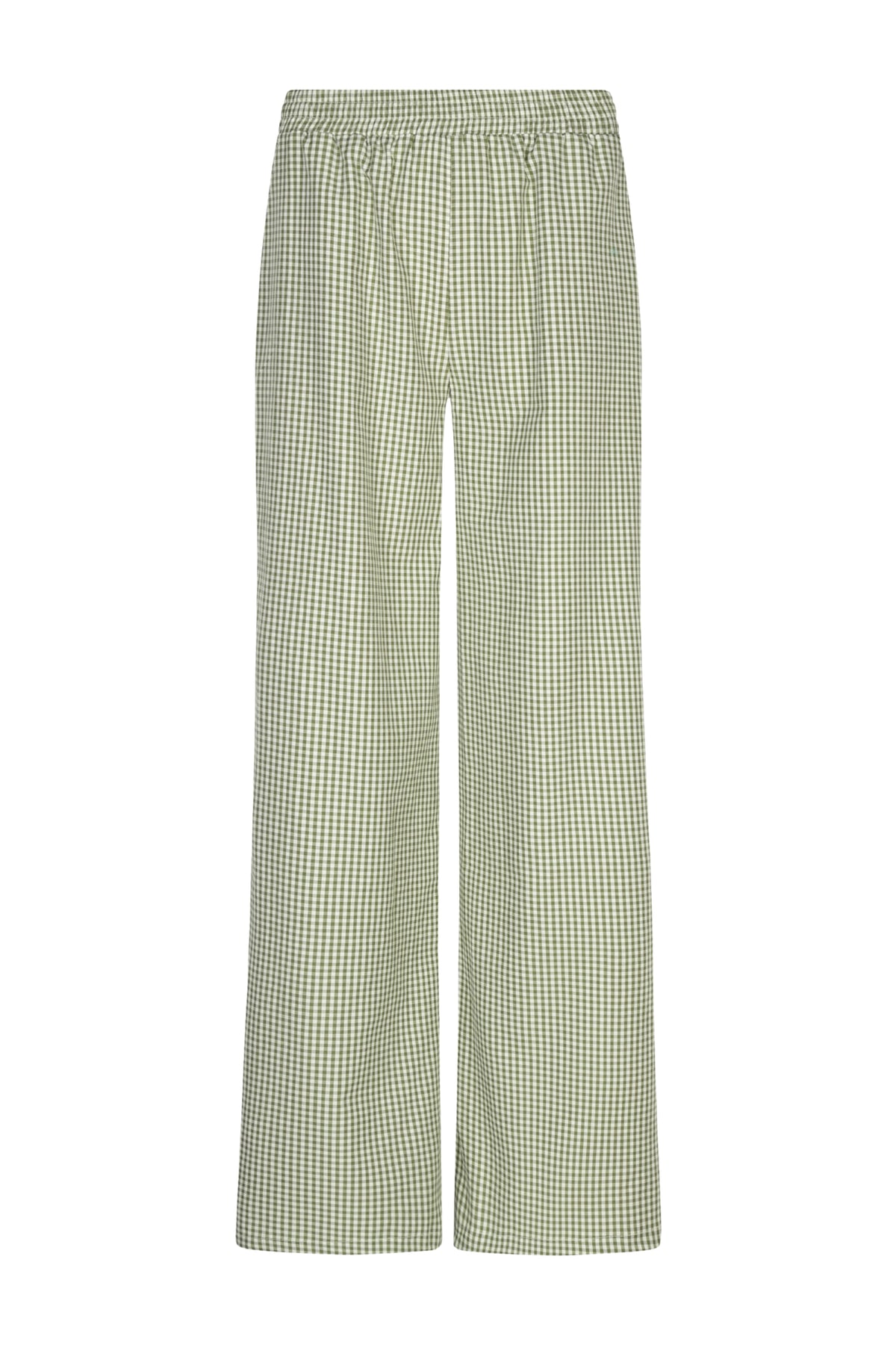 Groene geruite lange broek van Ydence met rechte snit en hoge taille, zichtbaar in de afbeelding.
