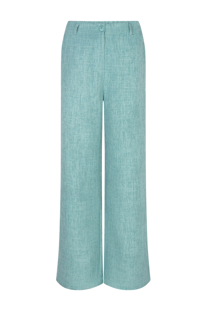 Turquoise melange Leona broek van Ydence, recht model met elastische taille en comfortabele pasvorm, zichtbaar in de afbeelding