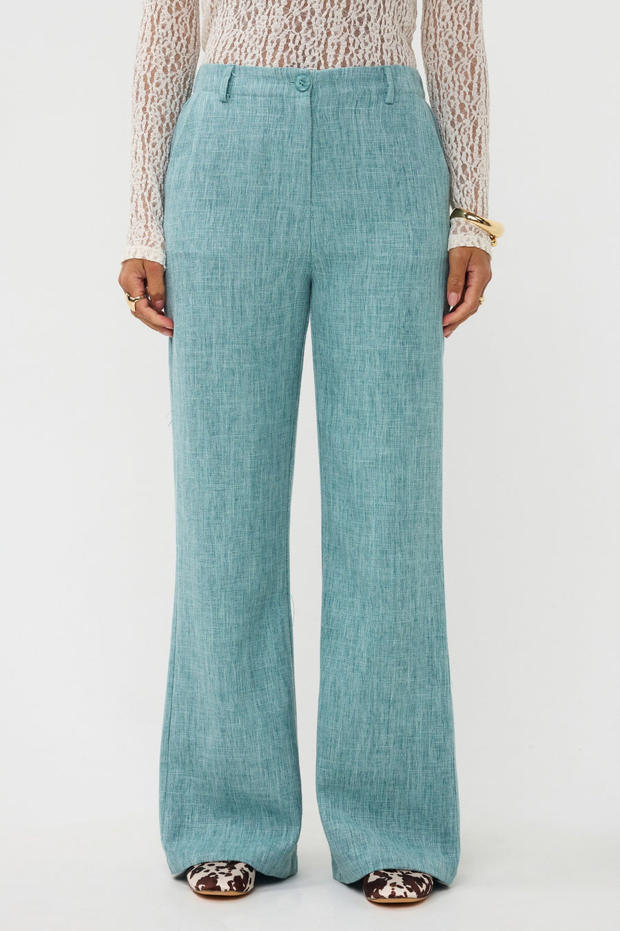 Turquoise melange Leona broek van Ydence, comfortabele damesbroek met een losse pasvorm en trendy uitstraling.