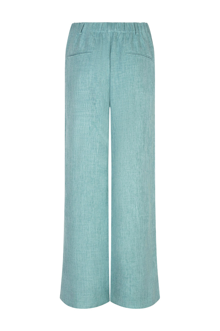 Ydence Leona turquoise melange lange broek met rechte pasvorm en elastische taille, geschikt voor casual draagstijl.