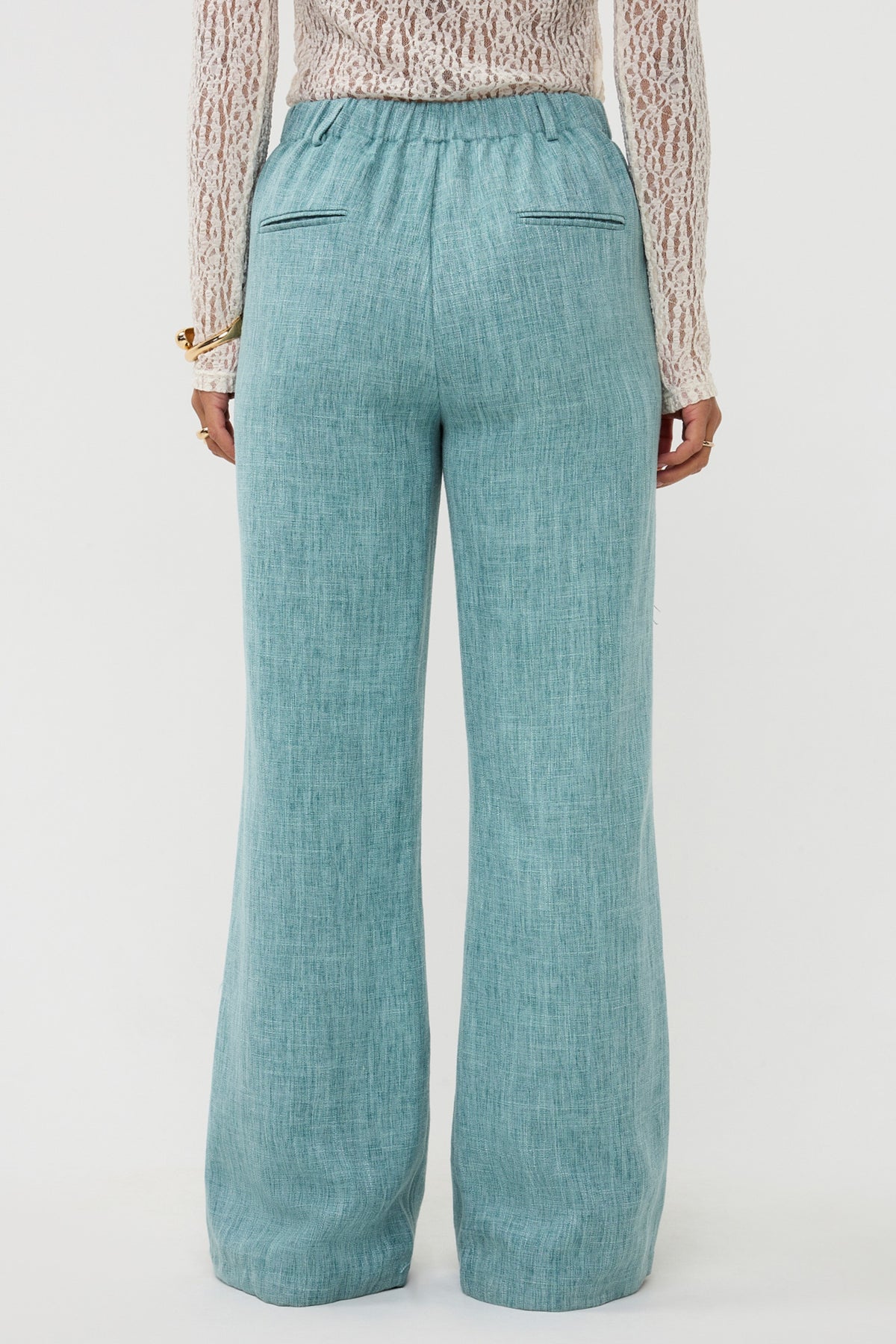 Ydence Leona turquoise melange lange broek met rechte pasvorm en elastische taille, comfortabel en modieus voor dagelijks gebruik