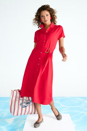 Midi polo jurk van You're My Lobster by K-design in tomatenrood met knoopdetails, geschikt voor een stijlvolle look.