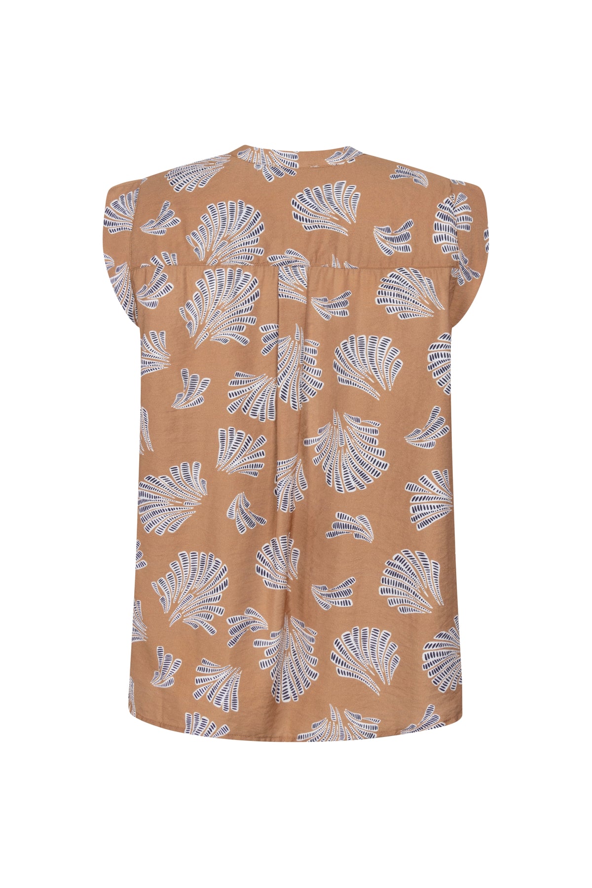 Zoso Moniek Summer Camel blouse met korte mouwen en knoopdetails, licht en luchtig voor de zomer.