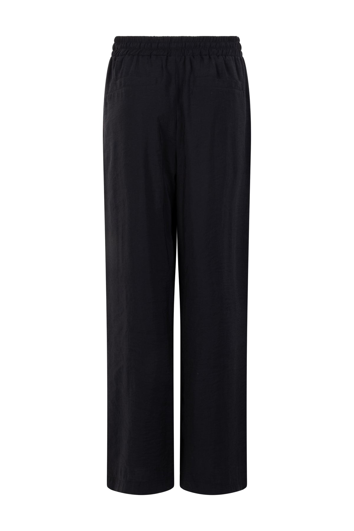 Zoso Chloe zwarte broek met rechte snit en tailleband, gelegen op een witte achtergrond.